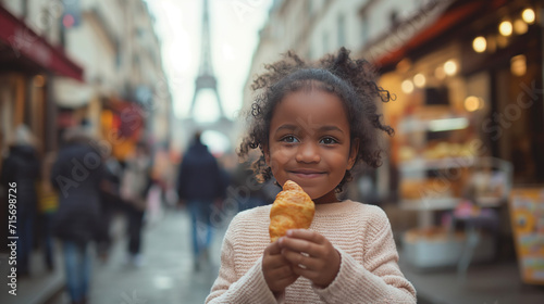 A little African American girl eating croissant in Paris  smiling child standing on a small street near Eifel Tower  with pastry in hands  authentic French food  cute kid eating in France  travelling 