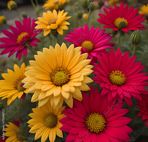 Dahlia Garden Capture a wide shot of a Dahlia garden  showcasing rows of blooming Dahlias. Focus on the variety of colors.  Beautiful yellow and purple daisies in a summer garden. generative Ai