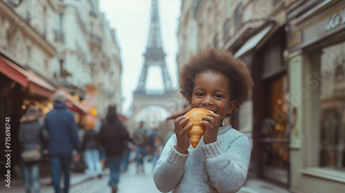 Fototapeta Naklejka Na Ścianę i Meble -  A girl in Paris eating croissant on a small street near Eifel Tower, delicious French pastry, beautiful African American child eating delicious authentic food in France, traveling concept
