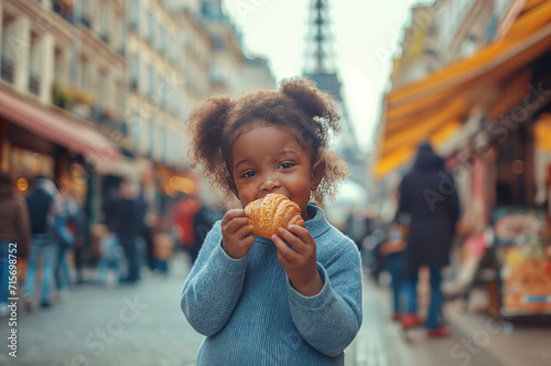 A girl in Paris eating croissant on a small street near Eifel Tower, French pastry, beautiful African American child eating delicious authentic food in France, traveling concept