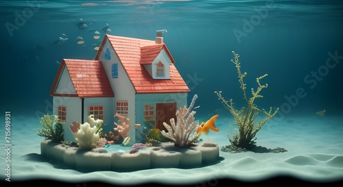 house under water, fish, algae