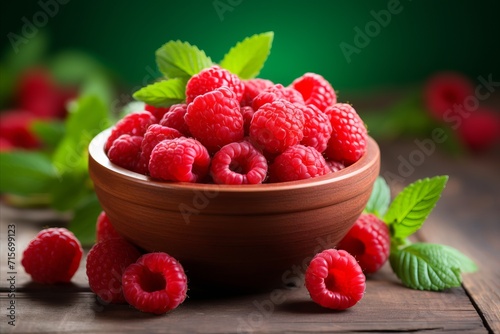 Vibrant Red Raspberries in Clay Bowl on Wooden Table with Colorful Background - Fresh Berries