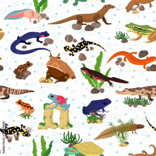 Seamless pattern with amphibians. Frogs and aquatic tritons. Terrarium creatures. Tropical fauna. Repeated print. Wild nature. Amphibious animals. Toads and newts. Vector background