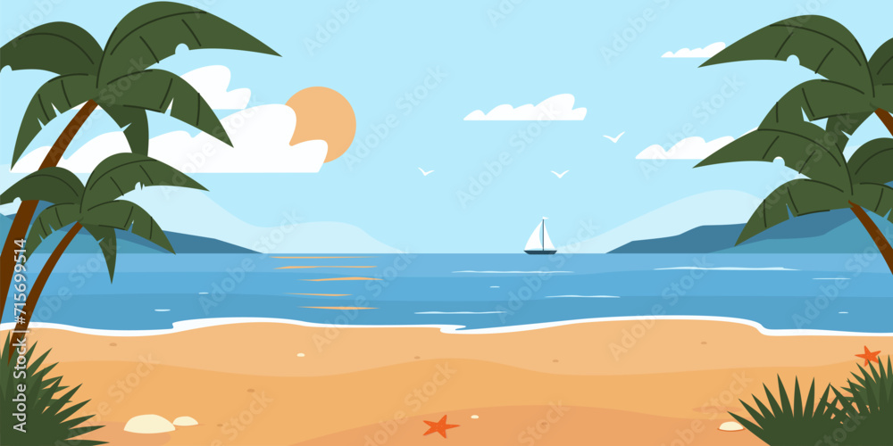 Sandy sea beach with palm trees and yacht in distance. Tropical resort. Marine landscape. Seashore sand. Summer seascape. Sky sun and clouds. Ocean horizon. Water waves. Vector concept