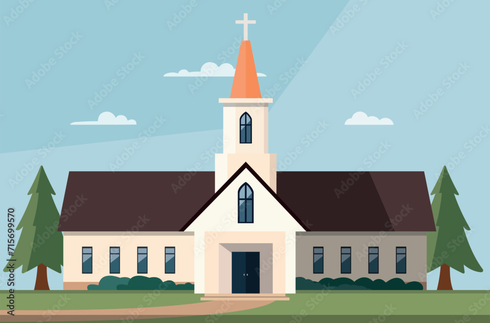 Exterior church building, front view. Modern church on a street in summer in flat style. Vector stock	