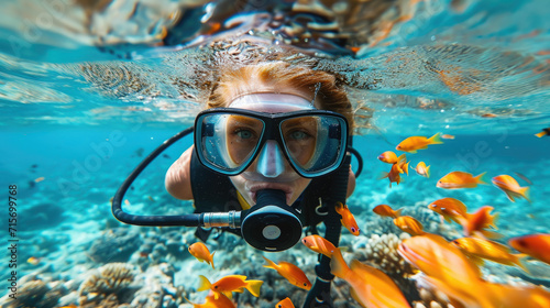 woman in a mask diving underwater, snorkeling, ocean, swimming, coral reef, sea, blue water, beauty, fish, dive, summer, sport, vacation, active