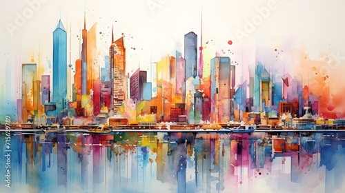 Jazzy  lively  colorful water color painting of a downtown city full of tall buildings and skyscrapers.