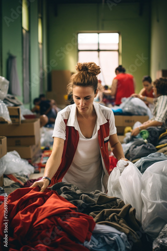 volunteers sort things in a warehouse to help the poor