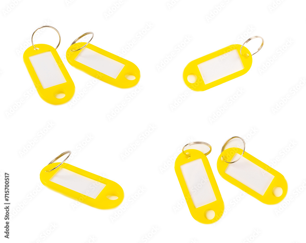 Plastic keychain of different colors with a place for a signature isolated on a white background. Bunch of keys with keychain, isolated on White. Mock-up keychain.