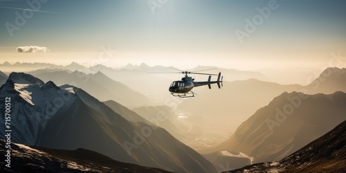 Helicopter flying high in the mountains. A helicopter flies in the sky. Generative AI. View of a flying helicopter. Adventure composite. Beautiful mountain landscape