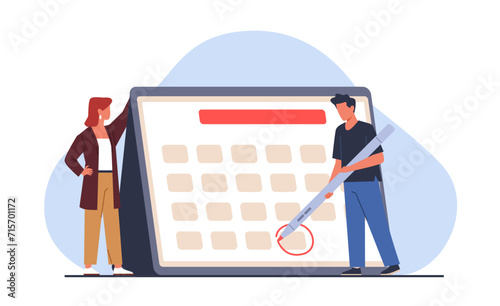 Man makes mark on calendar. Time management. Month calendar. Deadline and goals. People organize productive work. Agenda schedule. Timetable reminder. Appointment icon. Vector concept