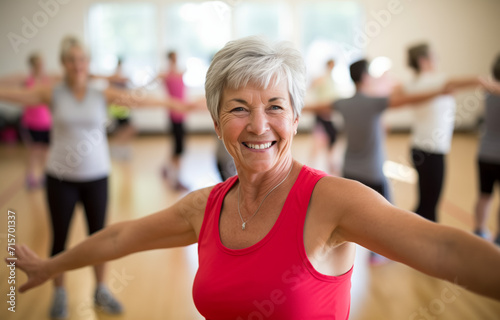 Smiling senior woman enjoying a group fitness class at the gym