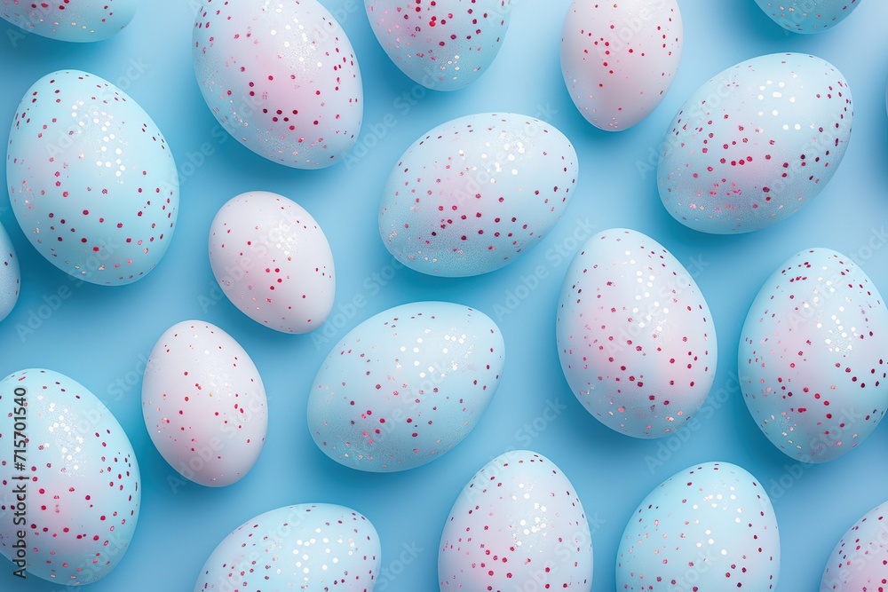 Happy Easter soft blue eggs on blue background - Easter decoration, banner, panorama, background with copy space for text.