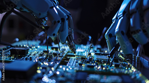 A close-up of robotic and human hands assembling intricate circuits © boti1985