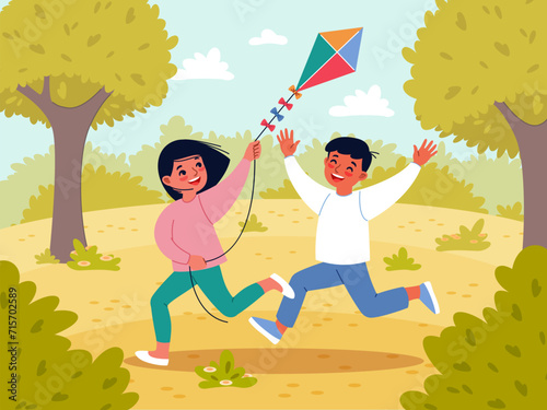 Kids games. Friends fly kite in park. Outdoor fun. Children playing in nature. Smiling boys and girl with flying toy. Playful activities. Young people running in meadow. Vector concept