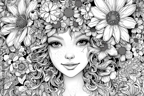 Portrait beautiful girl with flower. Sketch for coloring book photo