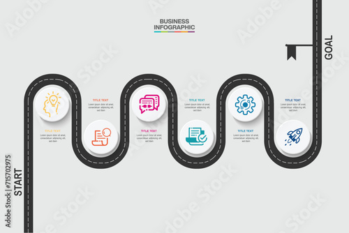 Business infographic template design vector ilustration road with icons, elements and 3 options or steps for presentation, flow chart, diagram