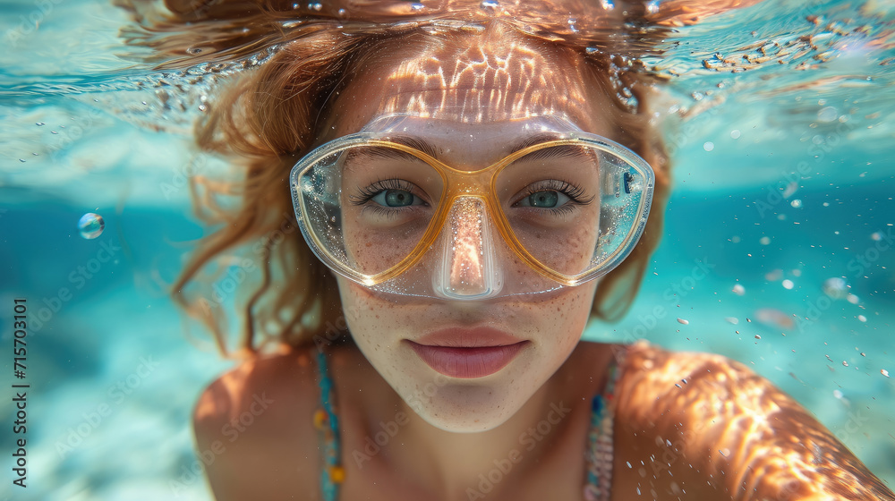 Naklejka premium woman in a mask diving underwater, snorkeling, ocean, swimming, coral reef, sea, blue water, beauty, fish, dive, summer, sport, vacation, active