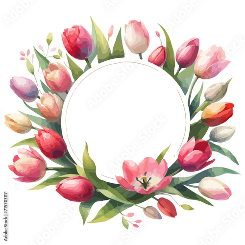 Round label with watercolor Spring tulips for woman day, easter, 8 march