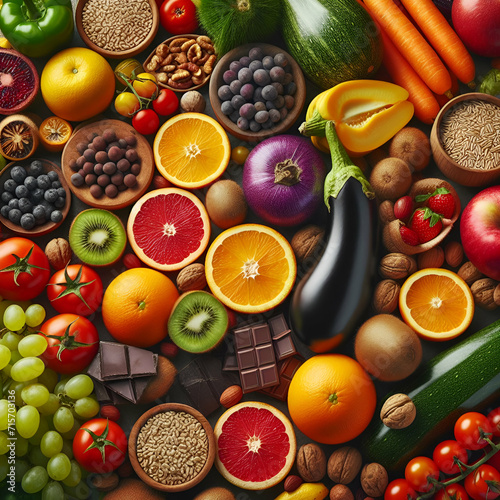 A vibrant display of various fresh fruits  vegetables  nuts  and grains arranged neatly on a surface