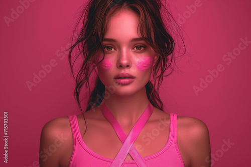 Portrait of Woman with Piink ribbon on pastel pink background for supporting World Cancer Day campaign photo