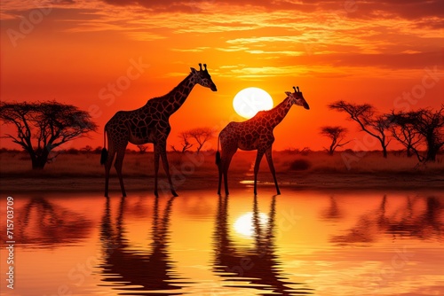 Stunning african savannah scene. majestic giraffes gracefully roaming as the sun sets on the horizon
