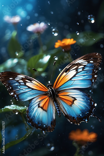 Blue and Orange Butterfly Sitting on Flower. Generative AI.