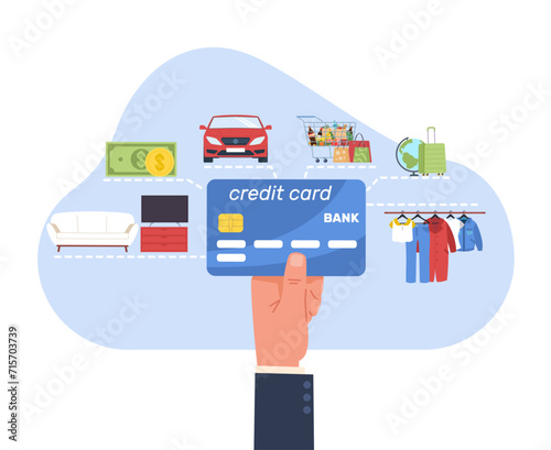 Hand holds credit card with ability to make payments for cars and clothes. Customer paying for travel. Buy furniture and food products. Loan for purchases. Cash money. Vector concept