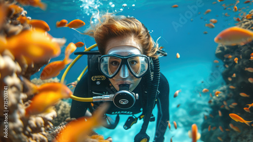 woman in a mask diving underwater, snorkeling, ocean, swimming, coral reef, sea, blue water, beauty, fish, dive, summer, sport, vacation, active © Julia Zarubina