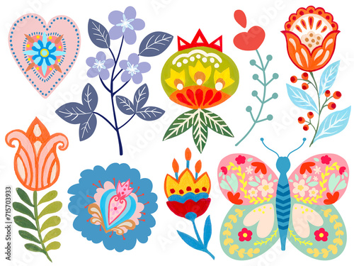 Polish folk art colorful traditional design elements valentine heart  flower  insect  bird  leaves.