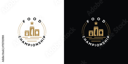 Creative Food Championship Logo. Podium Fork Spoon Knife Vintage Style. Restaurant Logo Icon Symbol Vector Design Template.