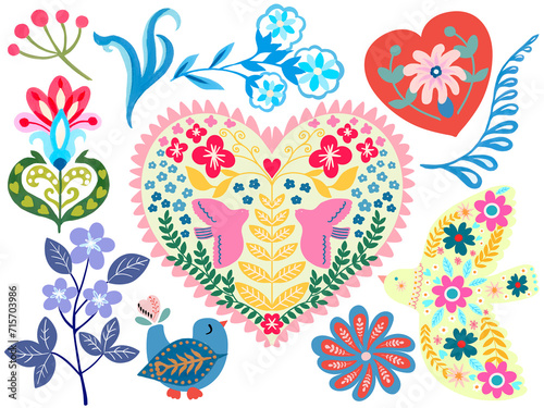 Polish folk art colorful traditional design elements valentine heart, flower, insect, bird, leaves.