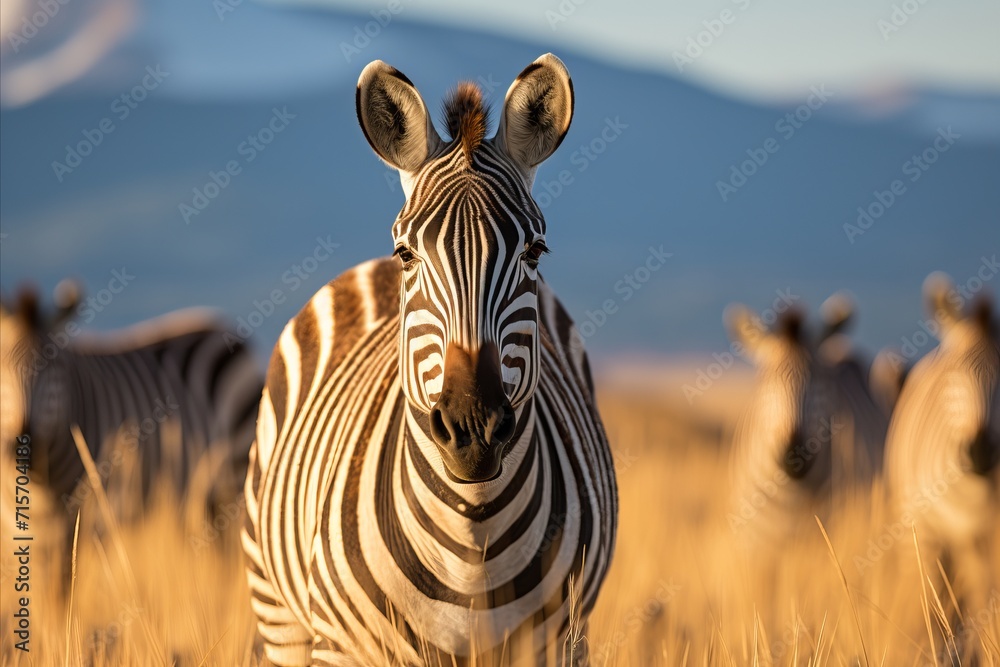 Fototapeta premium Golden sunsets. majestic zebras roaming freely in the vast expanse of the african savannah