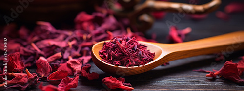 dry hibiscus in a wooden spoon. dried hibiscus petals on a wooden table. hibiscus tea. photo