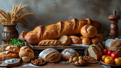 bread and buns, a table topped with lots of bread and other items of food on it's side, including bread