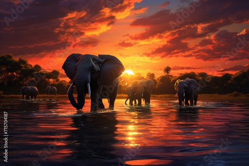 Magnificent elephants roaming the golden african savannah at sunset, radiating a warm glow