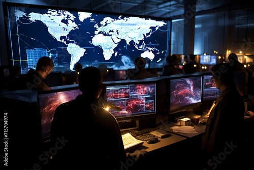 Cybersecurity specialists analyzing network vulnerabilities and cyber attack statistics © Oksana