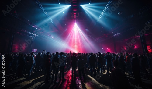 A crowd of enthusiastic individuals gather in a vibrant concert hall, mesmerized by the pulsating lights and entrancing music on stage