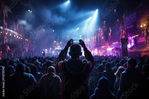 Amidst the pulsating lights and deafening cheers, a lone man captures the electrifying energy of the packed crowd at a rock concert