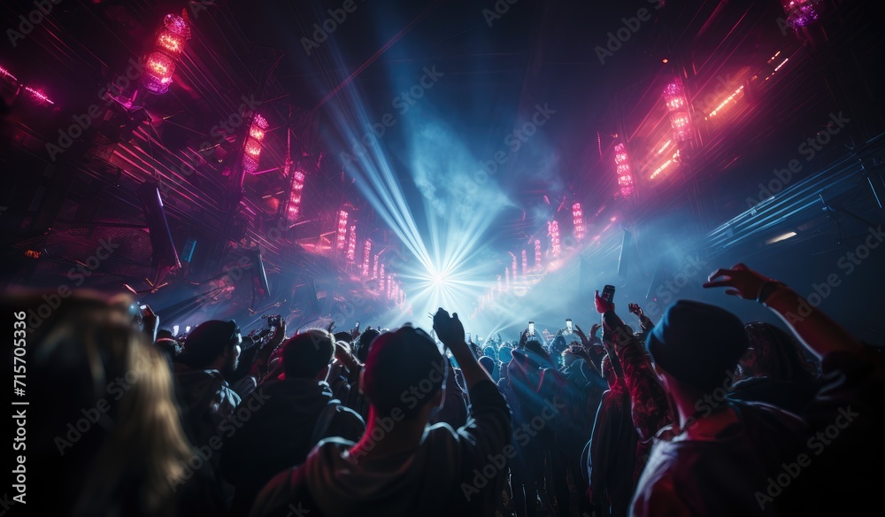 A pulsating sea of bodies writhing in unison to the electrifying beats of a concert, illuminated by colorful flares, as one person gets lost in the euphoric energy of the music