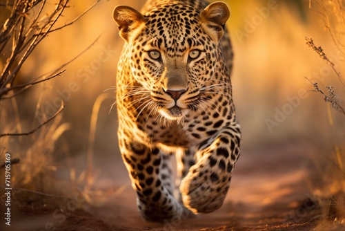 Beautiful image of a leopard roaming through the golden african savannah at enchanting sunset © Игорь Кляхин