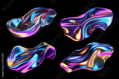 Bold holographic metal shapes isolated. Futuristic colorful melted liquid metal forms photo
