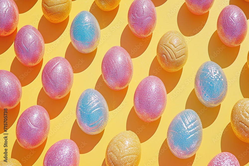 Fototapeta premium Happy Easter eggs on yellow background - Easter decoration, banner, panorama, background with copy space for text.