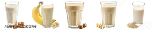 Variety of plant-based milk alternatives in glasses with corresponding ingredientsalmond, banana, hazelnut, soy, and quinoaon a transparent background