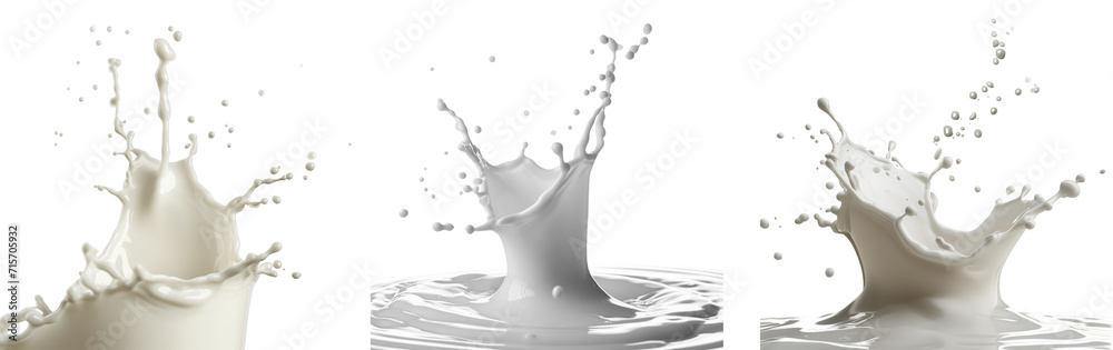 Three stages of transparent milk splashing isolated on transparent background, capturing dynamic liquid motion, ideal for dairy products and beverage advertising