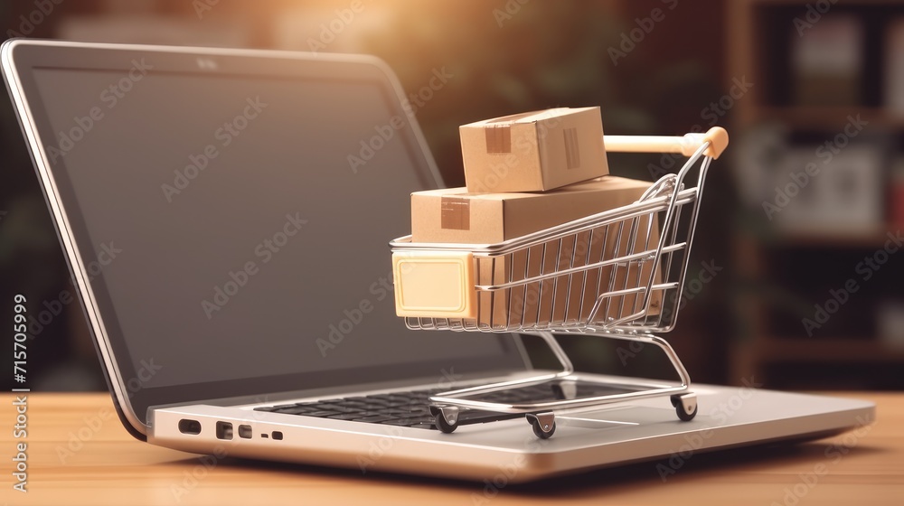 Online shopping and retail online marketing, products package boxes and shopping cart model for online an delivery, copy space for texts