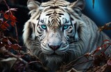 A majestic bengal tiger with striking blue eyes gazes confidently, its powerful snout and sleek whiskers hinting at the fierce beauty of this magnificent terrestrial mammal