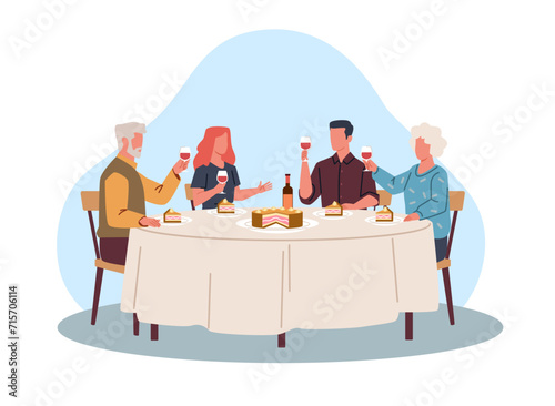 Big family holiday feast with wine and delicious cake. Festive dinner. Birthday celebration. Young and elderly couples sitting at table. Children and senior parents. Vector concept