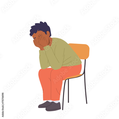 Upset sad boy child cartoon character sitting on chair covering face with hands and crying