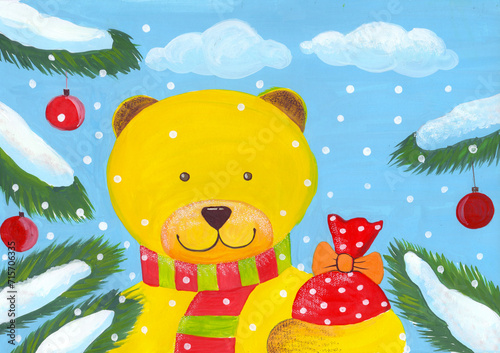 Yellow teddy bear with Christmas tree branches. Children s illustration - gouache drawing. Use printed products  signs  posters  postcards  packaging. Wallpaper.